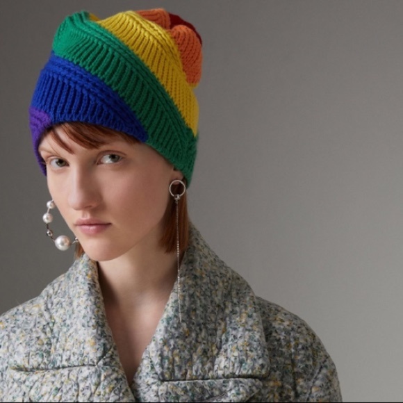Burberry Rainbow Cashmere Beanie Hat Pride Wool Knitted Slouchy Cap UNISEX New - Picture 4 of 10